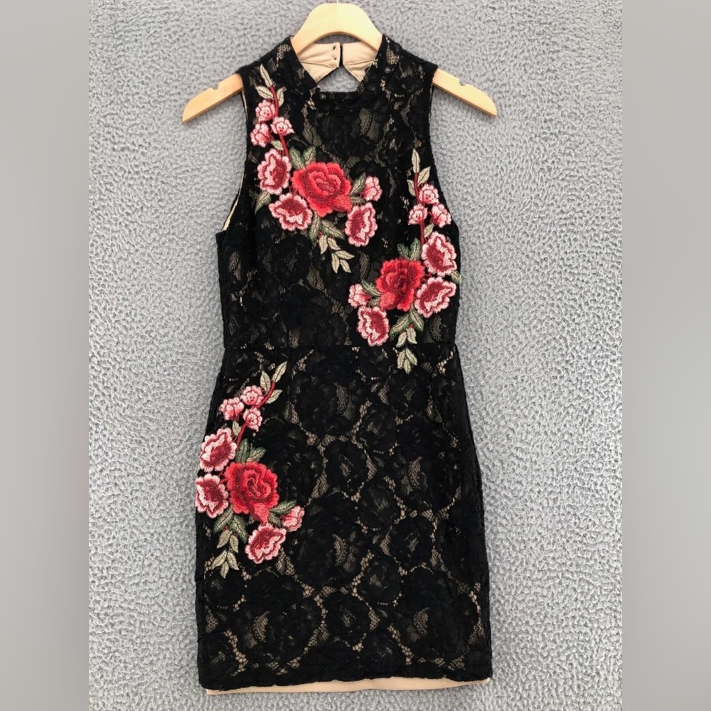 As U Wish black lace embroidered dress with roses